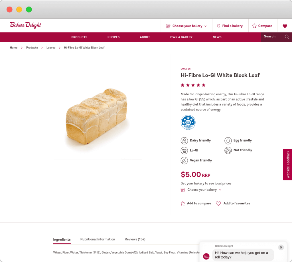 Screenshot of Bakers Delight website
