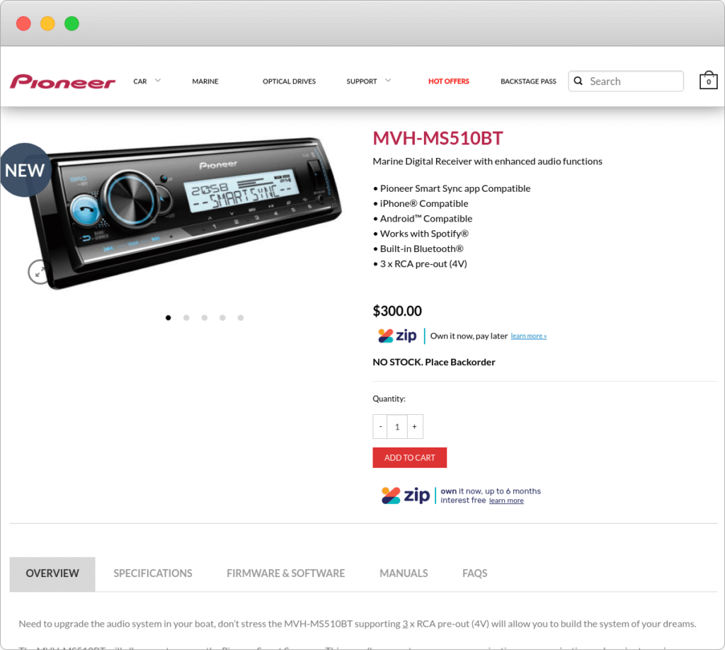 Screenshot of Pioneer Australia's website